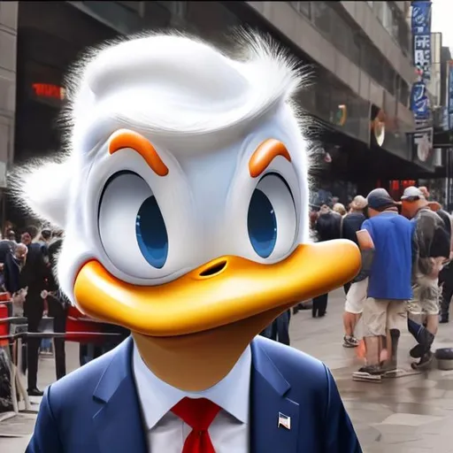 Prompt:  "person with Donald Trump's head on donald duck's body" photo realistic