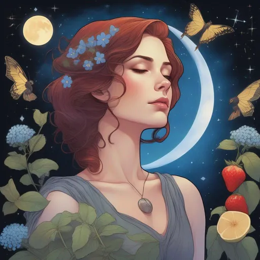Prompt: A profile beautiful and colourful picture of Persephone with brunette hair and with an American Moon Moth, forget-me-not flowers, a chickadee bird, and strawberry plants surrounding her, framed by the moon and constellations in a marvel comics style