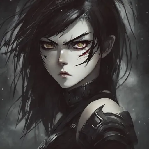 Prompt: A warrior woman, an emotionless tired expression, black cloaklooking at something focused , anime style art , Short straight black hair, brown eyes 