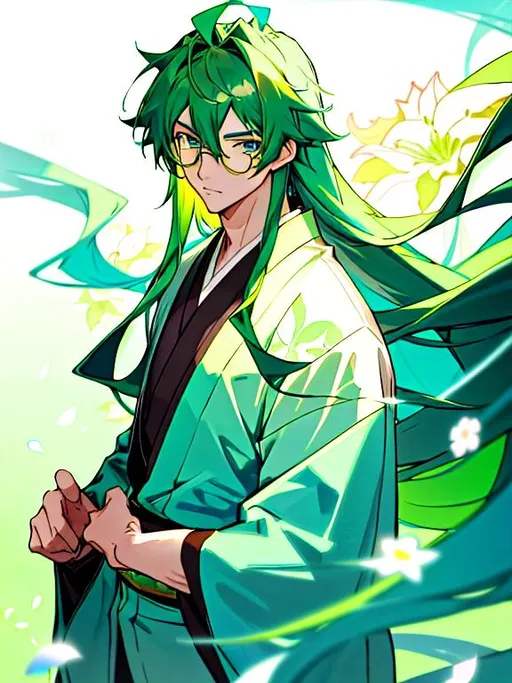 Prompt: 4K, Male anime character with blue and green long hair. He has  rectangular framed glasses, bright blue eyes, and is wearing a Japanese brown and green floral kimono. He has a neutral expression on his face. The background is white with light green and light blue translucent petals.