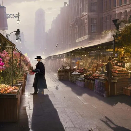 Prompt: 19th century London market, photo-realistic, dramatic lighting, morning, unreal engine, artstation, concept art, sharp focus, cinematic lighting, hyperrealism, flower seller, newspaper seller