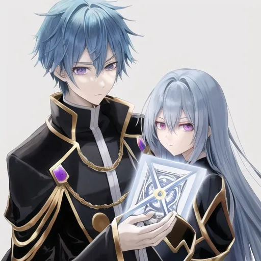 Prompt: sky blue-haired anime man, black-gold priest costume, purple eyes, holding white grimoire with gold frames, emotionless
