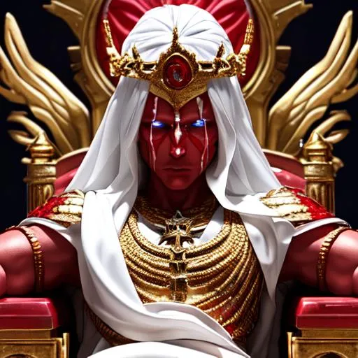 Prompt: Bored, bright skin, bleeding, minerals, blood, red, gold, god-like figure, diety, divine, evil, on a Throne, War captain