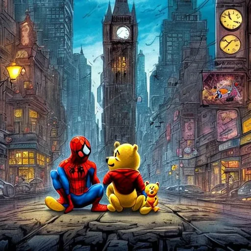 Prompt: Spiderman and pooh looking at the streets on a clock tower dark colourful billboards