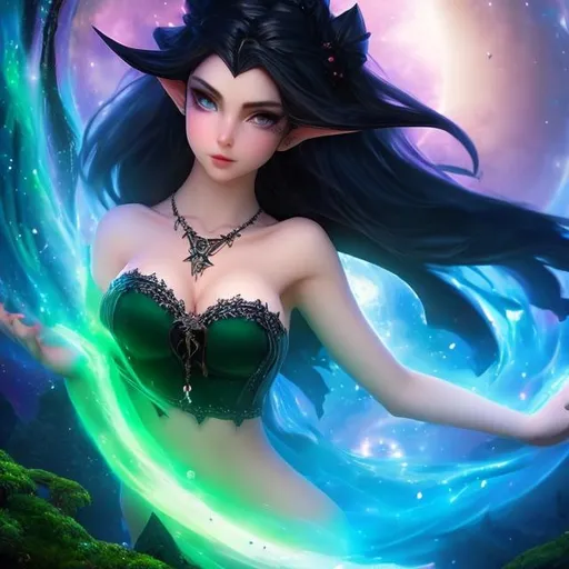 Prompt: fantasy style, High-resolution hyper-realistic portrait of a wicked dark wizard goth girl, {extremely COLOSALLY BREASTED}, pale skin, big dreamy eyes, soft cheeks, round chin, pointed ears {elf ears}. a totally bare navel, and a totally exposed belly button. necklace with beads, Micro skirt. stone floor with a swirling green necrotic portal. red hibiscus flowers,
