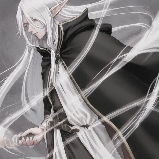 Prompt: Male elf with long white hair and scars wearing a black cloak  that looks like a woman