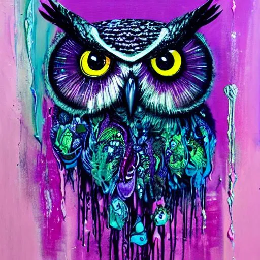 Prompt: abstract painting of owl,in black, dark green, purple. 8k, dripping paint, paint spill, extreme detail, intricate detail, masterpiece, trending on artstation,