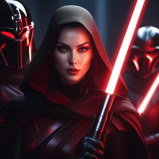 Prompt: portrait of beautiful female  Sith lords slaying innocent random aliens, red lightsaber, pretty face, followed by soldiers in dark futuristic armor, photorealistic, close-up, 8k, trending on Artstation, pixiv, dim lighting, 