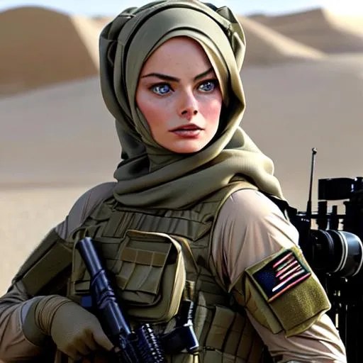 Prompt: margot robbie, military soldier, special forces, tactical, tan hijab, scifi

