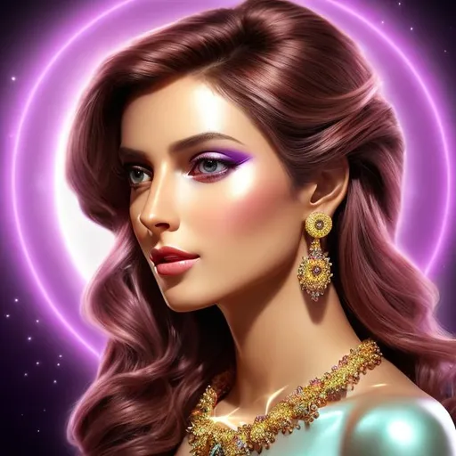 Prompt: HD 4k 3D 8k professional modeling photo hyper realistic beautiful woman ethereal greek goddess of prosperity
purple hair brown eyes gorgeous face tan skin shimmering dress jewelry tiara full body surrounded by magical glowing light hd landscape background garden table filled with coins drink and food