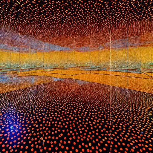 Prompt: view from center of Yayoi Kusama’s Infinity Mirror Room with opalescent lighting