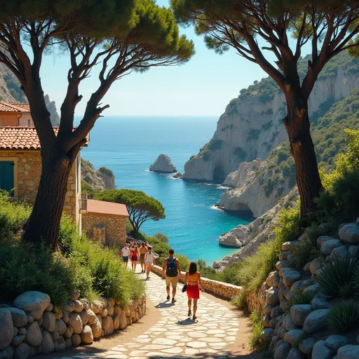 Prompt: calanque, la ciota. Meandering down a stone pathway lined with lush greenery and vibrant flora, a group of hikers strolls toward a scenic coastline, bathed in radiant sunlight. On the left, rustic stone buildings with terracotta roofs emerge from the hillside, harmonizing with the natural landscape. Towering trees provide shade, their branches reaching into a brilliant blue sky, while rugged cliffs rise majestically on the right, framing a tranquil bay with sparkling turquoise waters. The atmosphere is alive with the promise of adventure, inviting onlookers to explore the hidden beaches and exquisite vistas ahead, creating a warm and inviting scene that captures the essence of a perfect day outdoors.