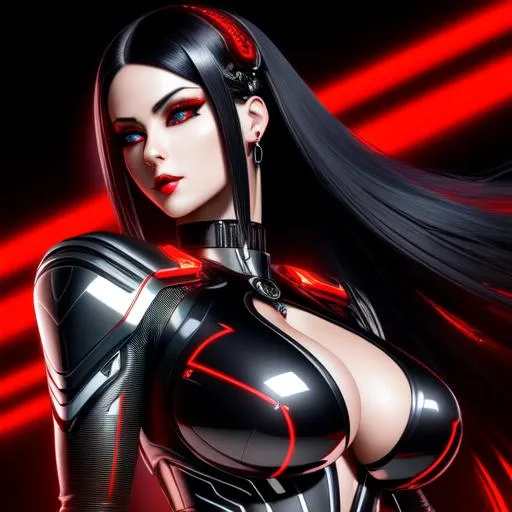 Prompt: Hyperrealistic detailed full body masterpiece of feminine cyborg ((sexy woman)) who has ((red eyes)) and ((synthetic black hair)) with ((sexy outfit)) with deep cleavage, futuristic tattoos, wires connecting to back, reflective metal, dominating posture and face expression, highly detailed, Trending on artstation, HD quality, ((huge breast)), ((sexy)), sharp focus, professional, UHD, HDR, 64K, Render, Front low view, Canon, 24mm, Spotlight lighting