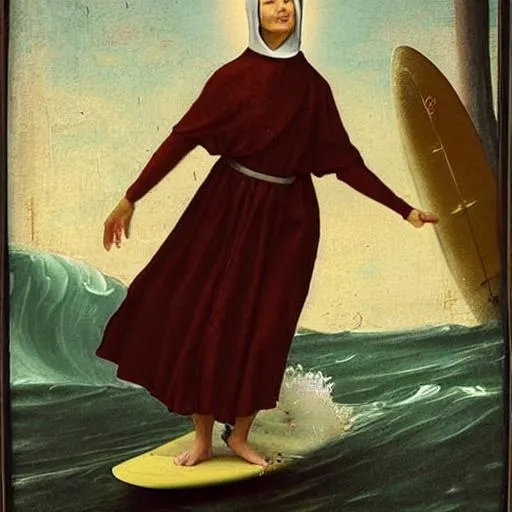 Prompt: Renaissance painting nun goes surfing 
