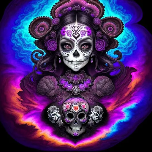 Prompt: Beautiful, Epic, Amazing, dark swirl, 3D, HD, Mandelbrot Julia Fractal ink, (Beautiful {Sugarskull}puppy and happy face), freeform psychedelic chaos ultra HD, digital painting,  desert with {heart-shaped Sunset} background, uber detailed, 64k, high quality, sharp focus, studio photo, intricate details, highly detailed --s98500