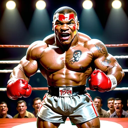 Prompt: A little person, Mike Tyson, aggressive boxing stance, standing in a boxing ring, an excited audience in the background, stage performance, glistening muscles, detailed facial features, vibrant colors, photo realistic, Looney Toons style, audience, theatrical lighting, high quality, detailed muscles, stage setting, professional, animated shading, cartoon realism, detailed expression, muscle definition