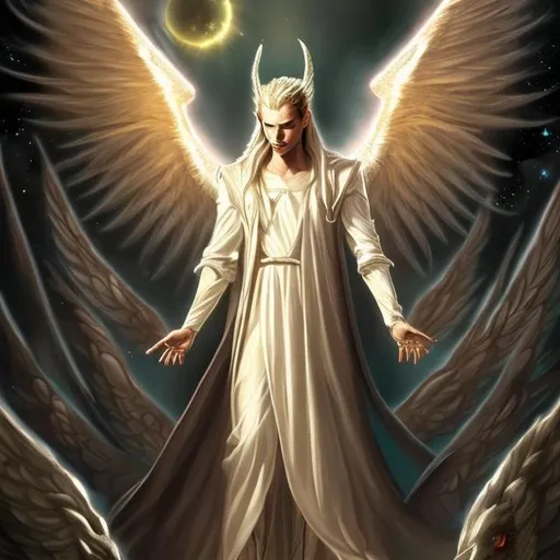 Prompt: Angel Lucifer, bright , and dark back ground, show him with a high estate, as it is in the book of Ezekiel
make picture look like Realistic 
art
show Lucifer as a light bearing high angel