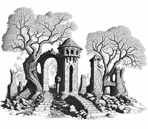 Prompt: Make me a stone gate monument with trees surrounding it in the style of oldschool dnd lineart. Make it look like it is hand drawn. Make sure it is black and white only