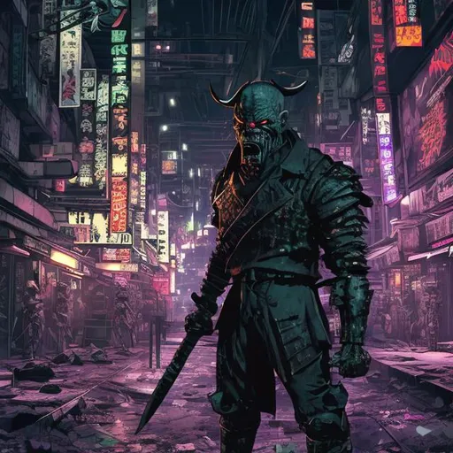 Prompt: Original villain.  Exaggerated brawn. Sinister. Unique.. quirky. Magic. Axe. Very Dark image with lots of shadows. Background partially destroyed neo Tokyo. Noir anime. Gritty. Dirty. Black with random neon accents. Holographic armour. Bionic enhancements. Scars. Decay