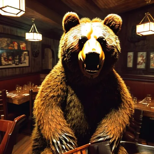 Prompt: An animatronic bear from a horror 8 bit game in a restaurant 