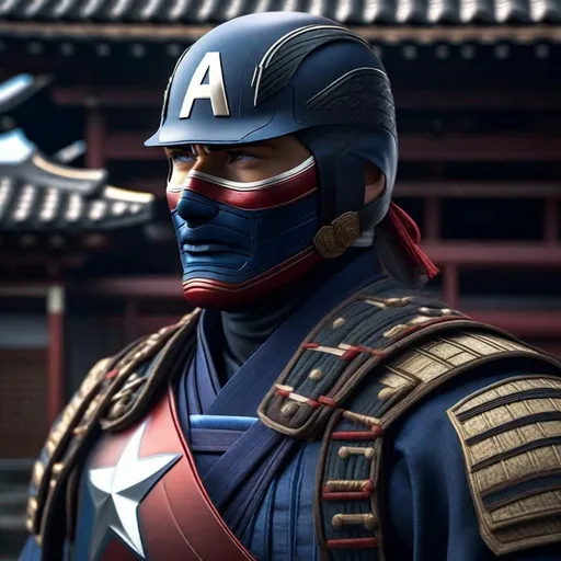 Prompt: Portrait of {Ninja captain America} in  {edo era Japan}, perfect composition, hyperrealistic, super detailed, 8k, high quality, trending art, trending on artstation, sharp focus, studio photo, intricate details, highly detailed,happy face, by greg rutkowski