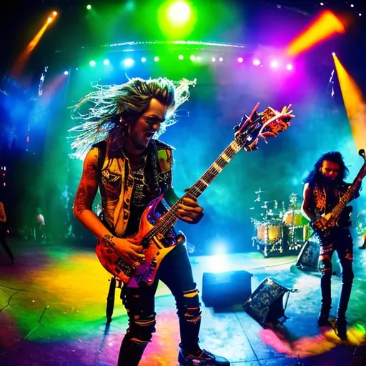 Prompt: The stage was lit up with psychedelic colors as the rock band took their positions. The lead singer, with his long, feathered hair and tight leather pants, grabbed the microphone and shouted to the audience. The guitarist, with his wild hair and ripped jeans, began shredding on his instrument. The bassist and drummer kept the rhythm pumping, as the crowd jumped and swayed to the beat. In classic 1980's comic book style, the band looked like superheroes with their colorful costumes and exaggerated features. It was a performance that would go down in history. ON THE DRUM SET IT SAID, mAD hANDSOME