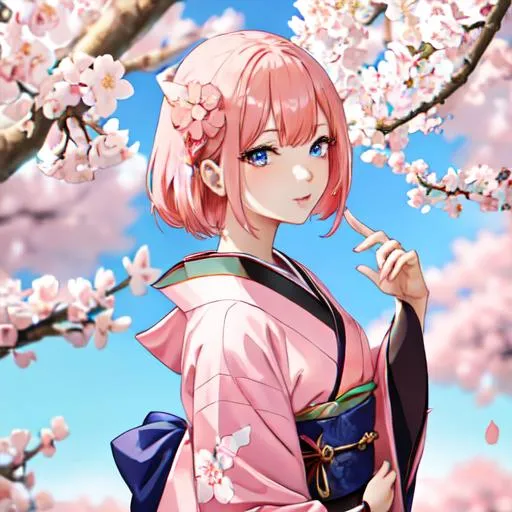 Prompt: Japan as a female human, 8k, UHD,  highly detailed, pink hair, blue eyes, wearing a kimono, under the cherry blossom trees, close-up