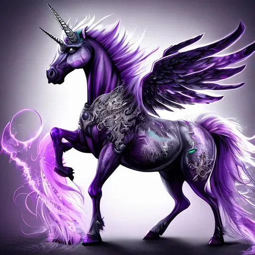 Prompt: Purple and black unicorn with silver hair ridden by a silver haired warrior with hyper detailed clothes


