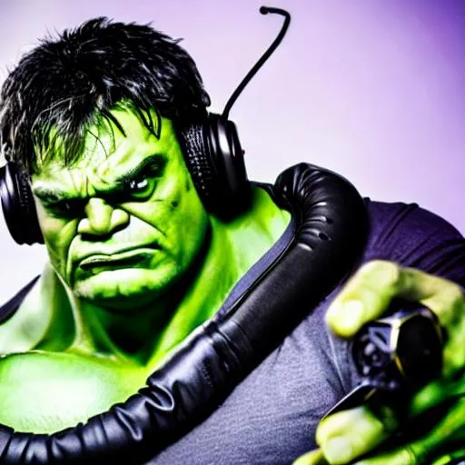 Prompt: The Hulk as a DJ in a nightclub wearing headphones, with turntables and microphone