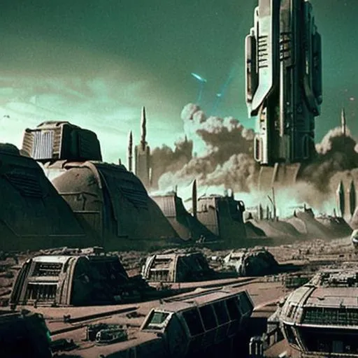Prompt: sci fi war destruction in alien city retro vintage old style