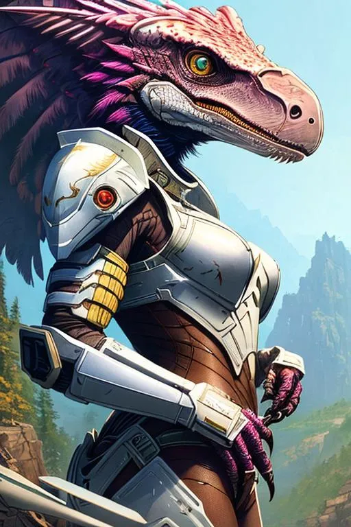 Prompt: Poster art, high-quality high-detail highly-detailed breathtaking hero ((by Aleksi Briclot and Stanley Artgerm Lau)) - ((a velociraptor raptor)), female,  cute, full form detailed raptor mech suit, 8k ivory and baby blue helmet, highly detailed raptor head helmet, add some magenta, glowing chest emblem ,carbon fibre helmet, raptor mech armor, raptor dinosaur, detailed scales, detailed ivory mech suit, full body, black futuristic mech armor, wearing mech armour suit, 8k,  full form, detailed forest wilderness setting, full form, epic, 8k HD, ice, sharp focus, ultra realistic clarity. Hyper realistic, Detailed face, portrait, realistic, close to perfection, more black in the armour, 
wearing blue and black cape, wearing carbon black cloak with yellow, full body, high quality cell shaded illustration, ((full body)), dynamic pose, perfect anatomy, centered, freedom, soul, Black short hair, approach to perfection, cell shading, 8k , cinematic dramatic atmosphere, watercolor painting, global illumination, detailed and intricate environment, artstation, concept art, fluid and sharp focus, volumetric lighting, cinematic lighting, 
