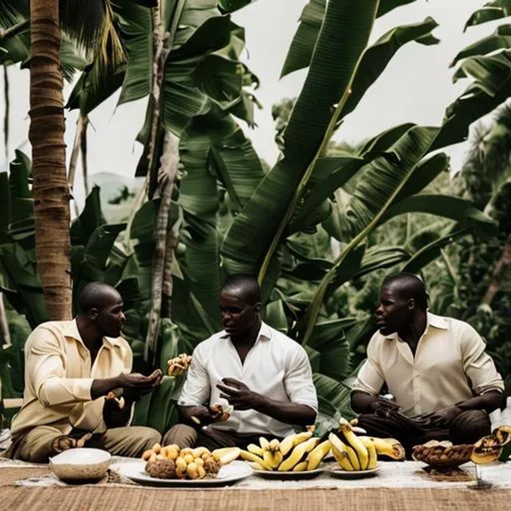 Prompt: Elegant men eat bananas under a palm