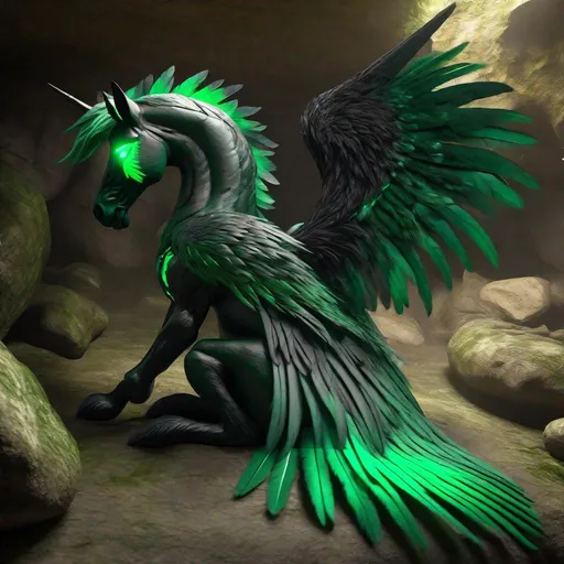 Prompt:  twisted pegasus animatronic hybrid, with focused emerald eyes. They identify as a Male. Emerald colored feathery wings and tail. dark Green ombre mane and tail. UHD, HD, 4K, green haze, green and black coat, lying down in a cave, asleep, resting