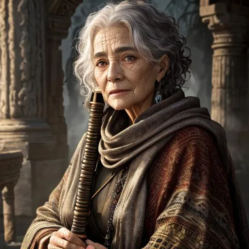 Prompt: ((best quality)), ((masterpiece)), ((realistic)), ((theyeboy)), (detailed) A beautiful mystic old woman with a magic sword,shawl, rugged, short curly hair, wrinkled skin, senior citizen, fire, ancient, hellscape, weathered, dystopian lots of jewelry,high resolution scan, masterpiece, hyperrealism, delicate detailed complex, highly detailed, intricate detailed, volumetric lighting, light reflection, highly detailed concept art, trending on artstation, vivid colors, melancholic, 