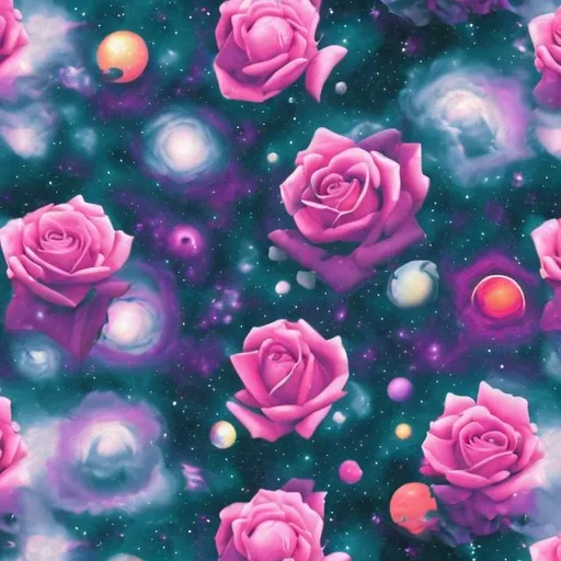 Prompt: Moody roses in outer space in the style of Lisa frank