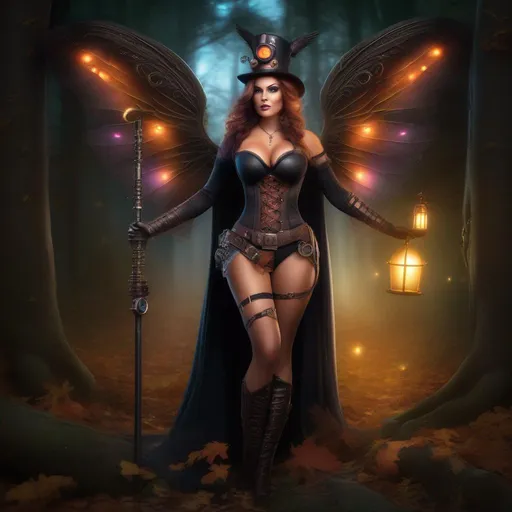 Prompt: Wide angle. Whole body showing. Detailed Illustration. Photo real. Very realistic. A beautiful, buxom woman with broad hips. Colorful, glowing bright eyes,  standing in a forest by a sleepy town. Shes a Steam Punk Witch, a Winged Fairy, with a Skimpy, sheer, flowing outfit. On a colorful, Halloween night. 