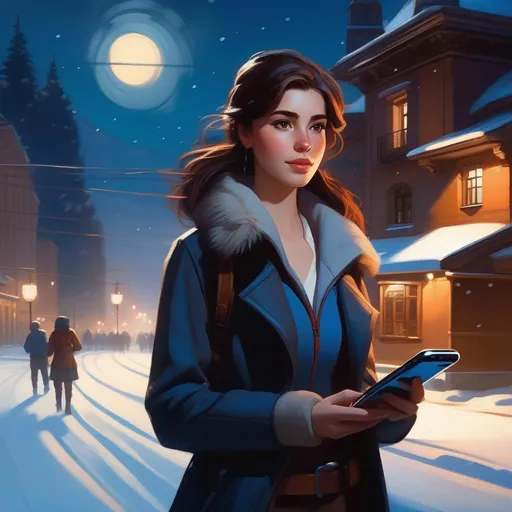 Prompt: Third person, gameplay, Chilean girl, pale skin, freckles, brown hair, brown eyes, 2020s, smartphone, Santiago at night, snow, blue atmosphere, cartoony style, extremely detailed painting by Greg Rutkowski and by Henry Justice Ford and by Steve Henderson 