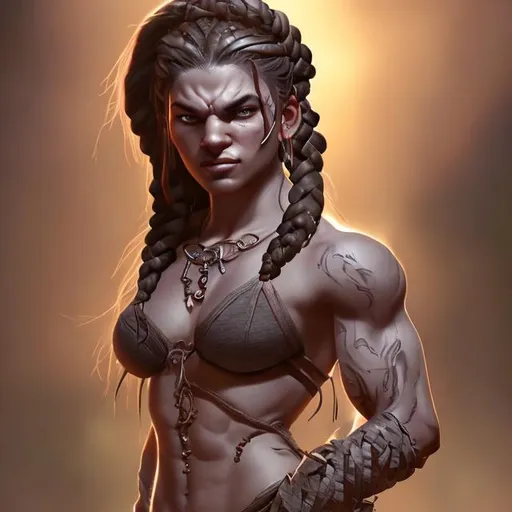Prompt: sensual female half-orc, young, muscular, skimpy clothes, tattoos, braids, digital art, detailed