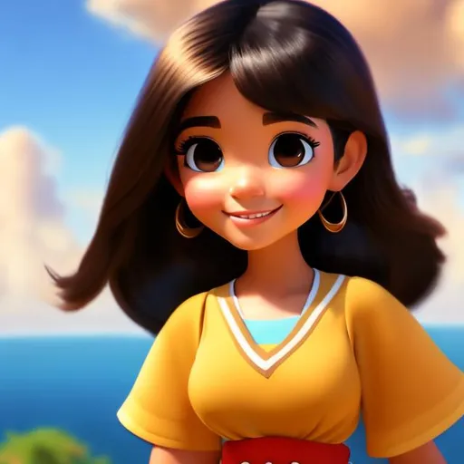 Prompt: Disney, Pixar art style, CGI, mexican girl with long straight black hair, tan, sturdy body, big eyebrow, strong chubby  body, tween girl