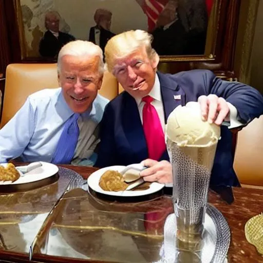 Prompt: Joe Biden and Donald Trump eating an ice cream