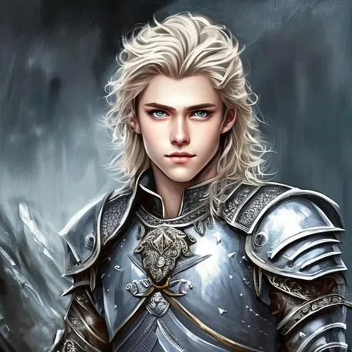 Prompt: fantasy handsome prince in silver armor medieval blond hair blue eyes
painting