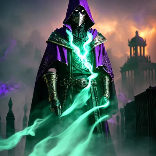 Prompt: apocalypse war, fantasy, mime masked warlock casting purple smoke, wearing purple and gold robes, standing among skulls surrounded by smoke, ruined library, erect pesons, amazing art, absolutely amazing, razor sharp focus, summery, mesmerizing, (masterpiece), volumetric lighting, beams, vivid colours, UHD, 16k, HDR, ((((best quality)))), ((( (extreme details)))) dark lights