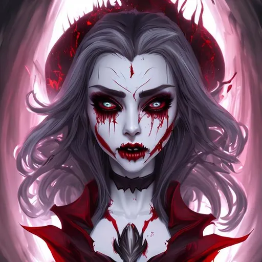 Prompt: Vampire beautiful cute face Queen masterpiece, 8k, detailed, cinematic, full body , hand with blood , no cut, human mutilation,  horn devils full body, devil, by iiearwork