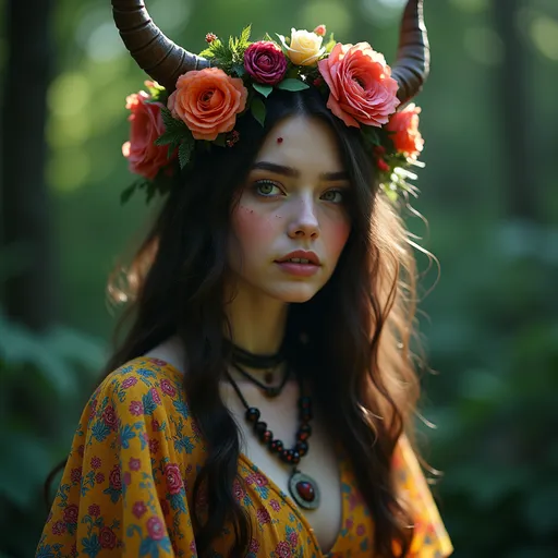 Prompt: photorealistic, (gorgeous young boho cottagecore demonic woman) with ethereal features, vibrant bohemian clothing adorned with floral patterns, a mystical aura, deep forest background, soft dappled sunlight filtering through leaves, conveying a whimsical yet slightly eerie mood, engaging expression, high contrast shadows, ultra-detailed, HD quality, enchanting atmosphere.