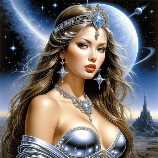 Prompt: Hajime Sorayama, Luis Royo.
Surrealism Mysterious strange fantasy. A beautiful girl with long brown hair decorated with a tiara, a diamond necklace and a perfectly voluminous body. In the background: a cosmic landscape with stars and galaxies. excellent detail, dramatic lighting, super detailed realism, full body art, high quality.