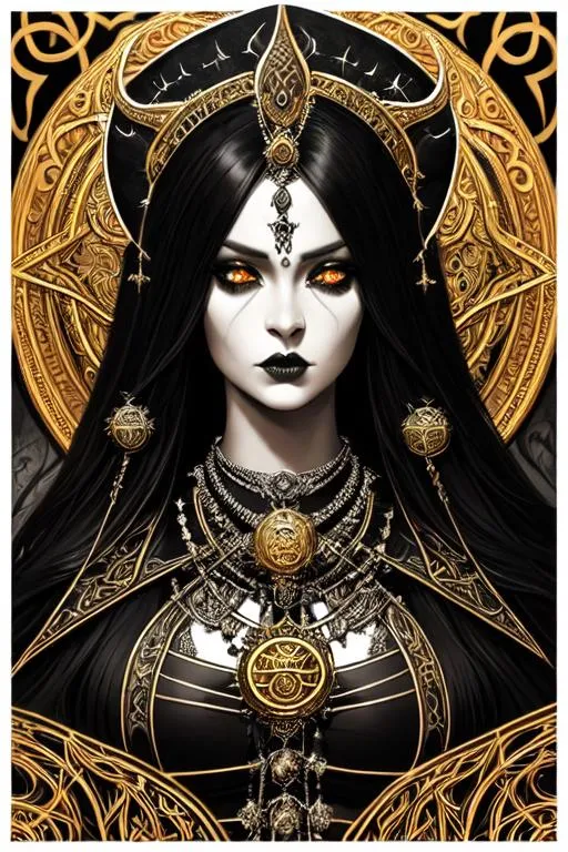 Prompt: symmetrical, black metal album cover, dark theme, surreal, dark fantasy mad priest,  close-up portrait (( rihanna )), hecate goddess of destruction and the underworld, hindu, strong beautiful body, long wavy hair, richly decorated, graceful, detailed, airy chains ornate, ornate, high resolution, hyperdetailed, by Karol Bak Leon Bakst Charles Angrand Willi Baumeister and Enoch Bolles, zbrush sculpting, black steel metal, 3d, octane render