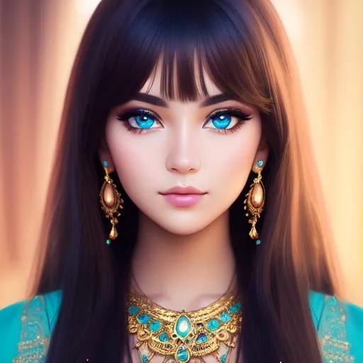 Prompt: Closeup face portrait of a {{{image}}}, smooth soft skin, big dreamy eyes, beautiful intricate colored hair, symmetrical, wide eyes, soft lighting, wearing gold and turquoise jewelry