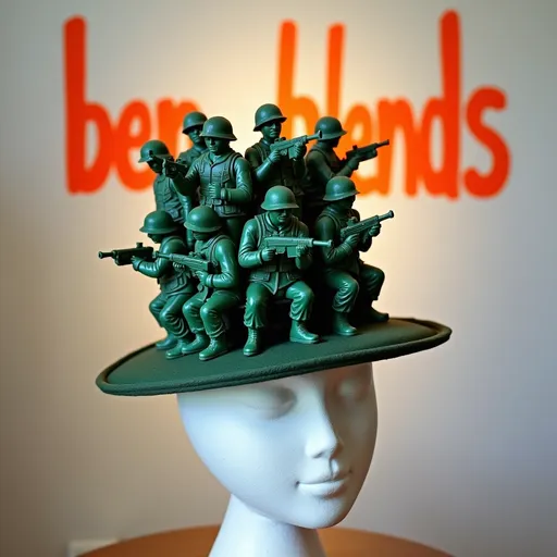 Prompt: On a sign in background are the words ("ben_blends") in orange paint, studio environment, high quality, sharp focus, tall top hat made entirely from green army toy figures, each in classic military poses holding rifles or binoculars, wearing helmets and gear, resting on a featureless fabric head, playful and creative design, minimal decorations but bold and unique aesthetic.