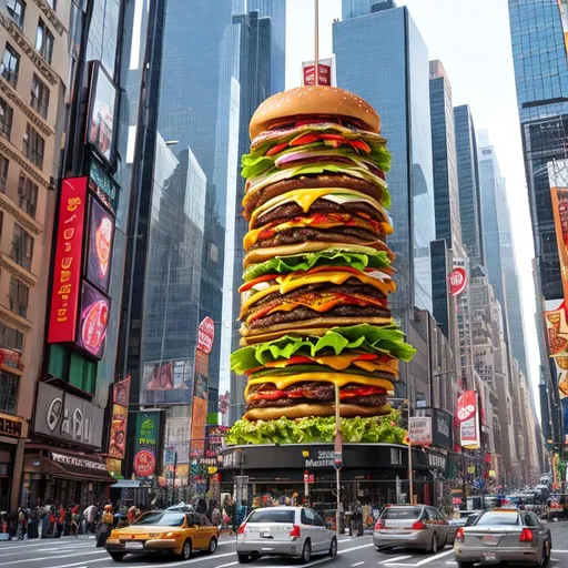 Prompt: in the bustling metropolis of New York City, a colossal burger towered over the skyline, casting its shadow across the bustling streets. It was a towering creation, with layers of succulent meat, melted cheese, and crisp lettuce. The buns, the size of city blocks, held together this mammoth culinary masterpiece.

Curiosity turned to awe as New Yorkers gathered, their eyes wide with wonder, to witness this gargantuan burger. Some marveled at its sheer size, while others salivated at the thought of sinking their teeth into such a colossal feast. But little did they know, this burger had a life of its own.

Suddenly, the ground trembled beneath the colossal creation. The towering burger sprouted arms made of French fries, and its tomato slices became fiery eyes. With a thunderous roar, it began to move, stomping its enormous sesame seed bun feet as it embarked on a path of destruction.

Skyscrapers crumbled like crumbling bacon bits under the weight of the colossal burger's wrath. Condiment-filled explosions erupted, sending streams of ketchup and mustard cascading through the city streets. Cars were flattened like pancakes, their tires becoming toppings on the monstrous sandwich.

Panicked screams filled the air as the burger rampaged through the city. People fled in every direction, seeking refuge from the chaos. Helicopters buzzed overhead, capturing footage of this unprecedented catastrophe, broadcasting the unbelievable sight to the rest of the world, absurd res, 4k, 8k, 16k, photorealistic, 