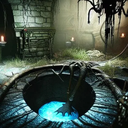 Prompt: a fantasy rpg underground dungeon sewer with a water basin with floating water and roots and spiderwebs and a skeleton in a corner, dark horror scenery,  photorealistic , ultra detailed, hyperrealistic, surreal, matte painting, unreal engine 5, UHD, first player sight

